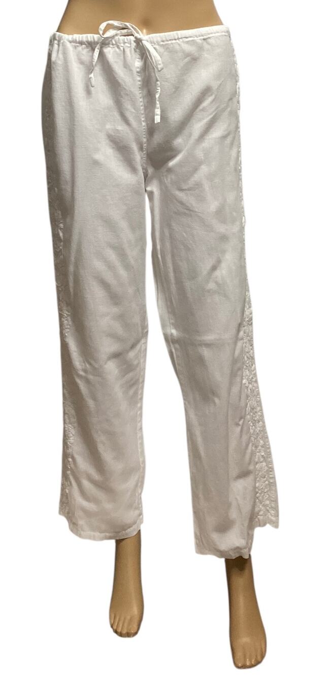 Karma Highway White Bohemian Crochet Lace Trim Drawstring 100% cotton Pants OS